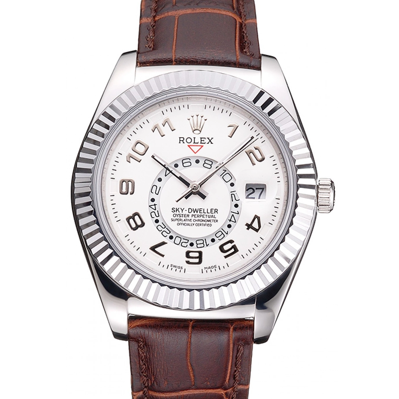 Sky Rolex Strap Dial Steel Leather Dweller Stainless Case White Brown 0724